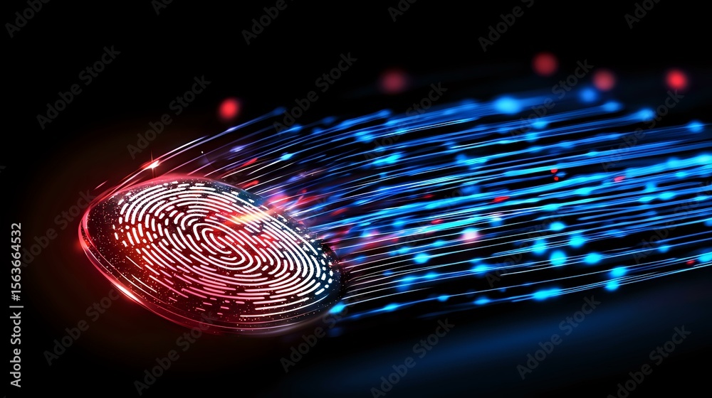 Poster digital fingerprint scan with glowing red and blue light trails dissolving into streaming data parti