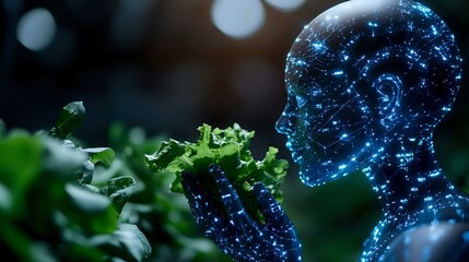 Glowing blue silhouette profile eating fresh green lettuce leaf against dark background, representing healthy eating habits and mindful nutrition concept.