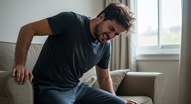 Man experiencing intense lower back pain while seated on a couch, clutching his side in discomfort.