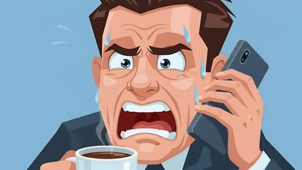 Stressed cartoon businessman with coffee and phone in animated close-up - Powered by Adobe