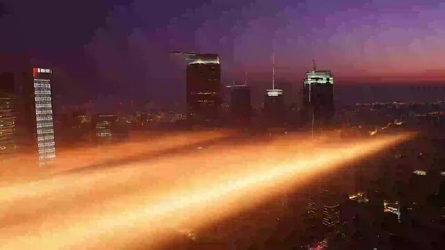 Nighttime cityscape with a flying car zooming across a glowing skyline, set against a dark purple sky.

