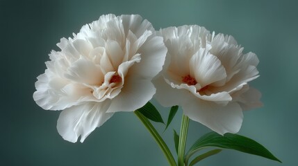 White delicate flowers with layered petals and soft ruffled edges blooming gracefully against a smooth teal background with fresh green leaves underneath