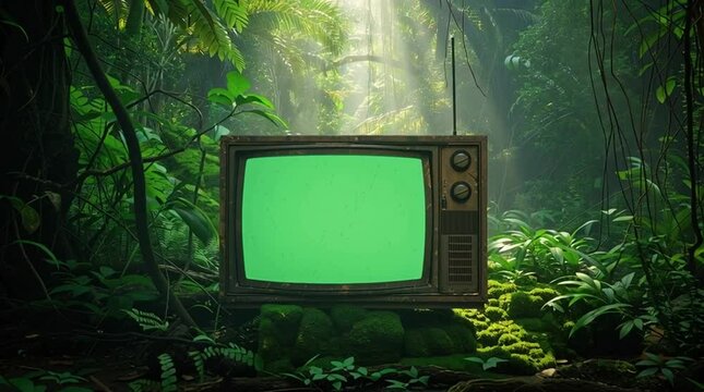 Vintage TV with green screen placed in the middle of a lush forest, ideal for mockup or video editing.