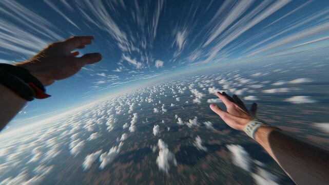 In the image, two skydivers are seen leaping out of an airplane with outstretched arms against a clear sky backdrop filled with fluffy clouds