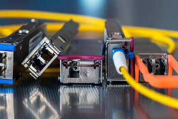 Set of Small Form-Factor Pluggable with Fiber Optic Cable Used for Telecommunication and Data...