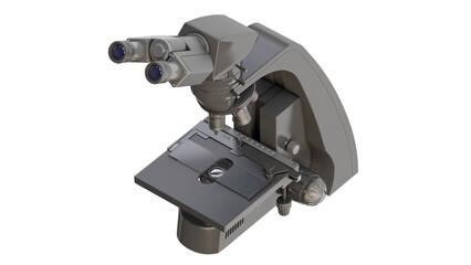 Black scientific microscope model isolated on transparent background. Orthographic view. Isometric perspective. 3d illustration