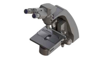 Black scientific microscope model isolated on transparent background. Orthographic view. Isometric perspective. 3d illustration