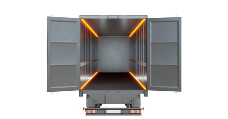 Empty trailer truck isolated on transparent background. Back view. Camera along the central axis of...
