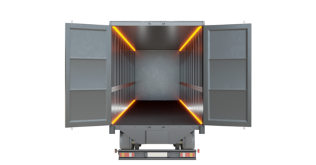 Empty trailer truck isolated on transparent background. Back view. Camera along the central axis of the trailer. 3D illustration.