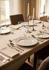 Elegantly set dining table with candles, silverware, and place settings, ready for a formal dinner.