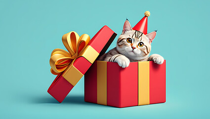 Adorable kitten wearing a party hat peeks out of a bright red and gold gift box