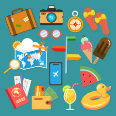 Summer stickers set. Tropical vacation on beach scrapbooking collection. Travel elements. Modern cartoon concept. Vector illustration.