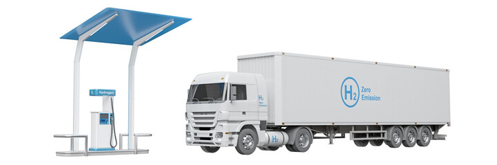 Hydrogen refueling station and hydrogen truck isolated on transparent background. Hydrogen-themed graphic components. 3D illustration.