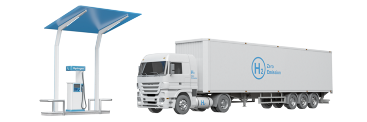 Hydrogen refueling station and hydrogen truck isolated on transparent background. Hydrogen-themed graphic components. 3D illustration.