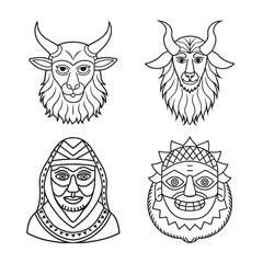 line art of bulgarian folklore mask with feathers set bundle on the white background