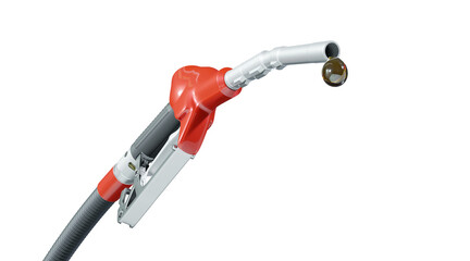 Red petrol nozzle with a droplet of fuel hanging isolated on transparent background. 3D illustration