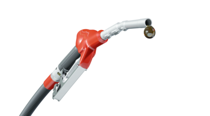 Red petrol nozzle with a droplet of fuel hanging isolated on transparent background. 3D illustration