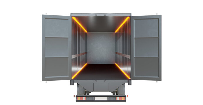 Empty trailer truck isolated on transparent background. Back view. Camera along the central axis of the trailer. 3D illustration.