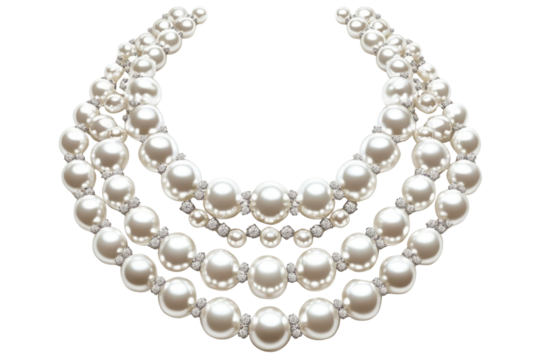 Elegant pearl necklace isolated on white, top view PNG