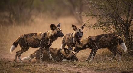 An African wild dog hunting in a coordinated pack