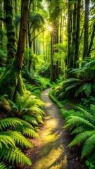 Naklejka premium Sunlit Path Through Lush Mossy Forest: Serene, Tranquil, and Magical Green Nature Scene with Winding Trail.