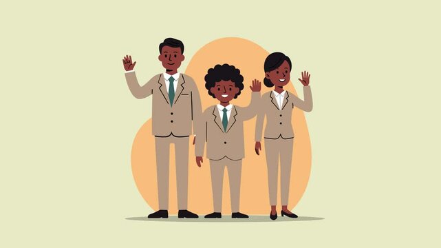 Animated loop of three cartoon business people (man, child, and woman) with dark skin, dressed in beige suits and waving at the camera. Flat vector style on a light background with a soft orange circl