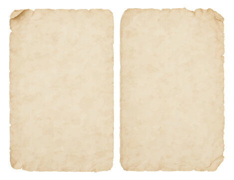 Vintage paper background with old parchment texture. Two blank aged torn sheets for antique historical or rustic design