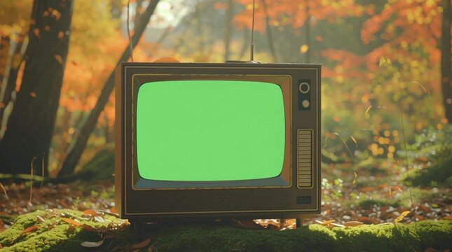 Vintage TV with green screen placed in the middle of a lush forest, ideal for mockup or video editing.