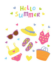 Colorful “Hello Summer” illustration with beach hat, sunglasses, flip-flops, swimsuits, and a beach bag – fun design perfect for summer promotions, posters, cards, and seasonal graphics.