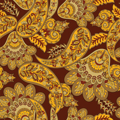Turkish Cucumber Paisley seamless vector pattern in traditional Oriental style. Decorated with flowers, leaves, and fantasy elements, for fabric, textile and wallpaper covers