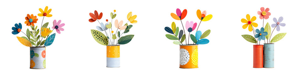 Watercolor Flowers in Tin Cans on White Background