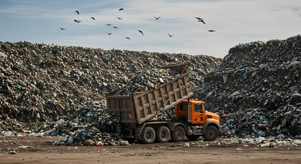 Landfill Truck Unloading Waste with Birds Overhead