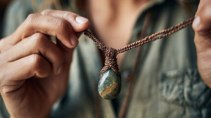 Close-up of a handmade natural stone necklace being proudly held by its female creator