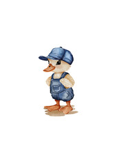 Individual watercolor ducklings on transparent background. One duckling wears a blue denim cap and overalls. Hand-painted illustrations for nursery, baby designs, and cute animal projects.