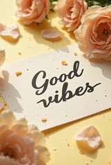 A white card with “Good vibes” written in cursive rests on a soft yellow surface surrounded by peach-colored roses and scattered petals, evoking positivity and gentle charm, vertical composition