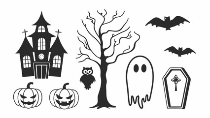 Collection of Halloween silhouettes. Haunted house, creepy tree, flying witch, pumpkins, halloween ghost, owl, coffin lid etc
