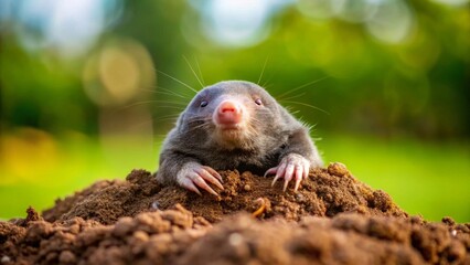 A curious subterranean mammal emerges from its earthen burrow, its delicate pink nose and sharp claws visible against a vibrant backdrop of verdant foliage