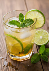 Fototapeta premium Refreshing mojito cocktail with lime slices, mint leaves, and ice in a glass on a wooden surface.