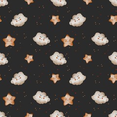 Seamless watercolor pattern with cute clouds and stars on a black background. Hand-painted design for nursery, baby fabric, and kids decor.
