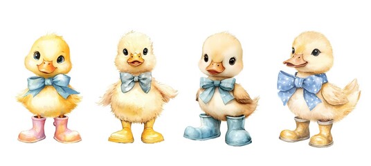 Watercolor clipart set with four cute ducklings wearing colorful boots and bow ties. Hand-painted baby animals on white or transparent background, perfect for nursery, baby prints, and kids design.

