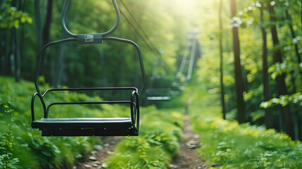 A tranquil scene of an empty ski lift chair amidst lush green foliage, illuminated by soft sunlight, evoking a peaceful outdoor atmosphere.