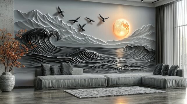 Gray and black wave-like mural of a seascape with a large moon.