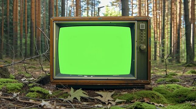 Vintage TV with green screen placed in the middle of a lush forest, ideal for mockup or video editing.