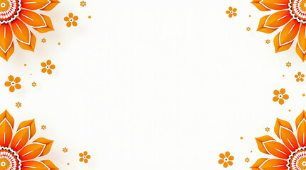 A white background is framed by orange floral patterns, creating a decorative design with vintage and retro elements in a corner arrangement