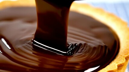 Rich, glossy dark chocolate is being poured into a golden, baked tart shell - Powered by Adobe