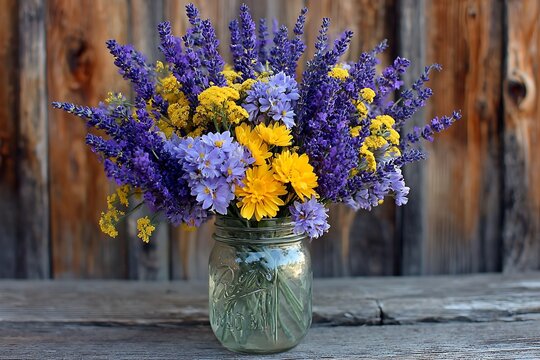 Elegant wildflower bouquet in mason jar lavender yellow  
