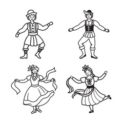 line art of  folk dancer in festive set bundle on the white background