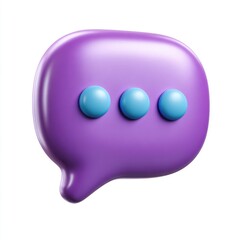 3d purple speech bubble with three blue dots isolated on white background