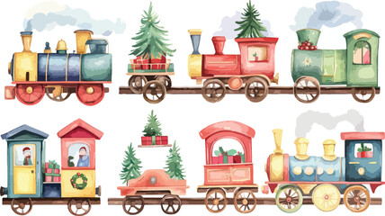 Watercolor Christmas Train Set with Trees Gifts and Santa s Helpers on a White Background