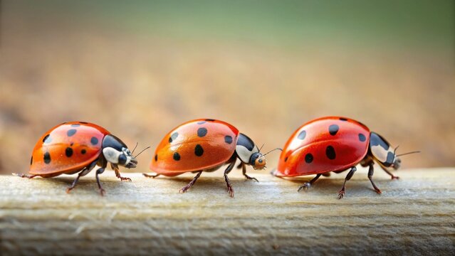 Three ladybugs on a wooden surface, showcasing their vibrant red shells and black spots, a close-up view of nature's miniature wonders